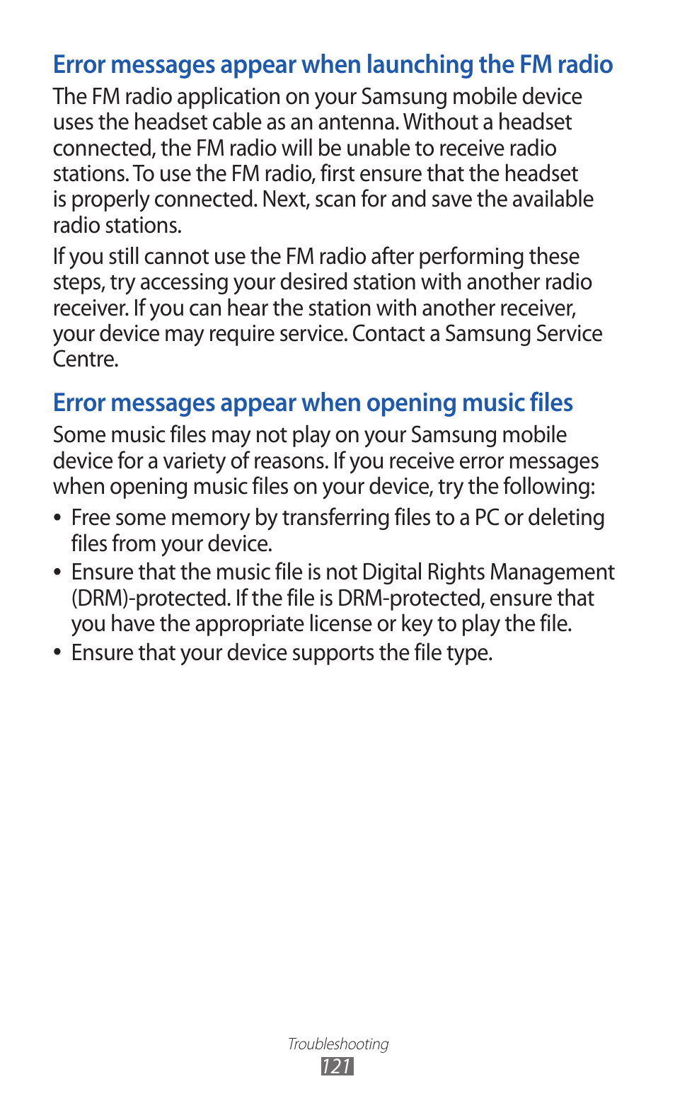 Error messages appear when launching the fm radio, Error messages appear when opening music files | Samsung GALAXY Y GT-S5360 User Manual | Page 121 / 133