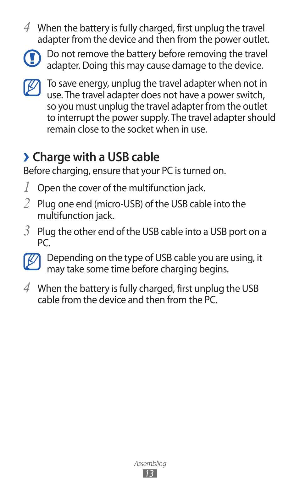 Charge with a usb cable | Samsung GALAXY Y GT-S5360 User Manual | Page 13 / 133