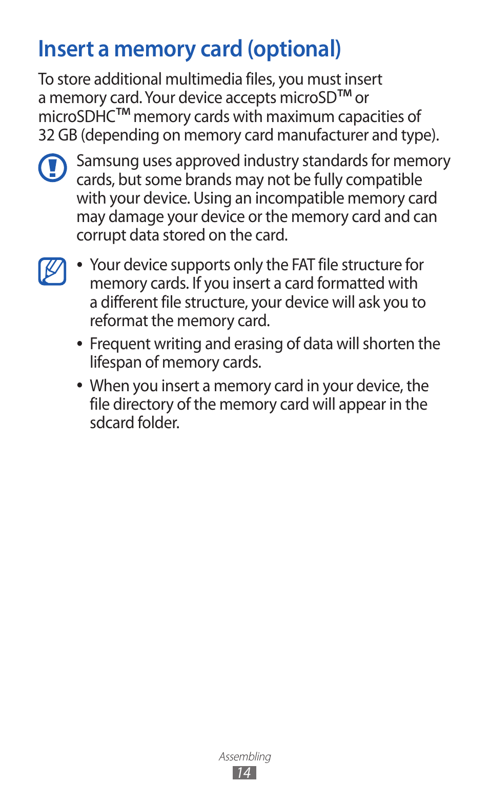 Insert a memory card (optional) | Samsung GALAXY Y GT-S5360 User Manual | Page 14 / 133