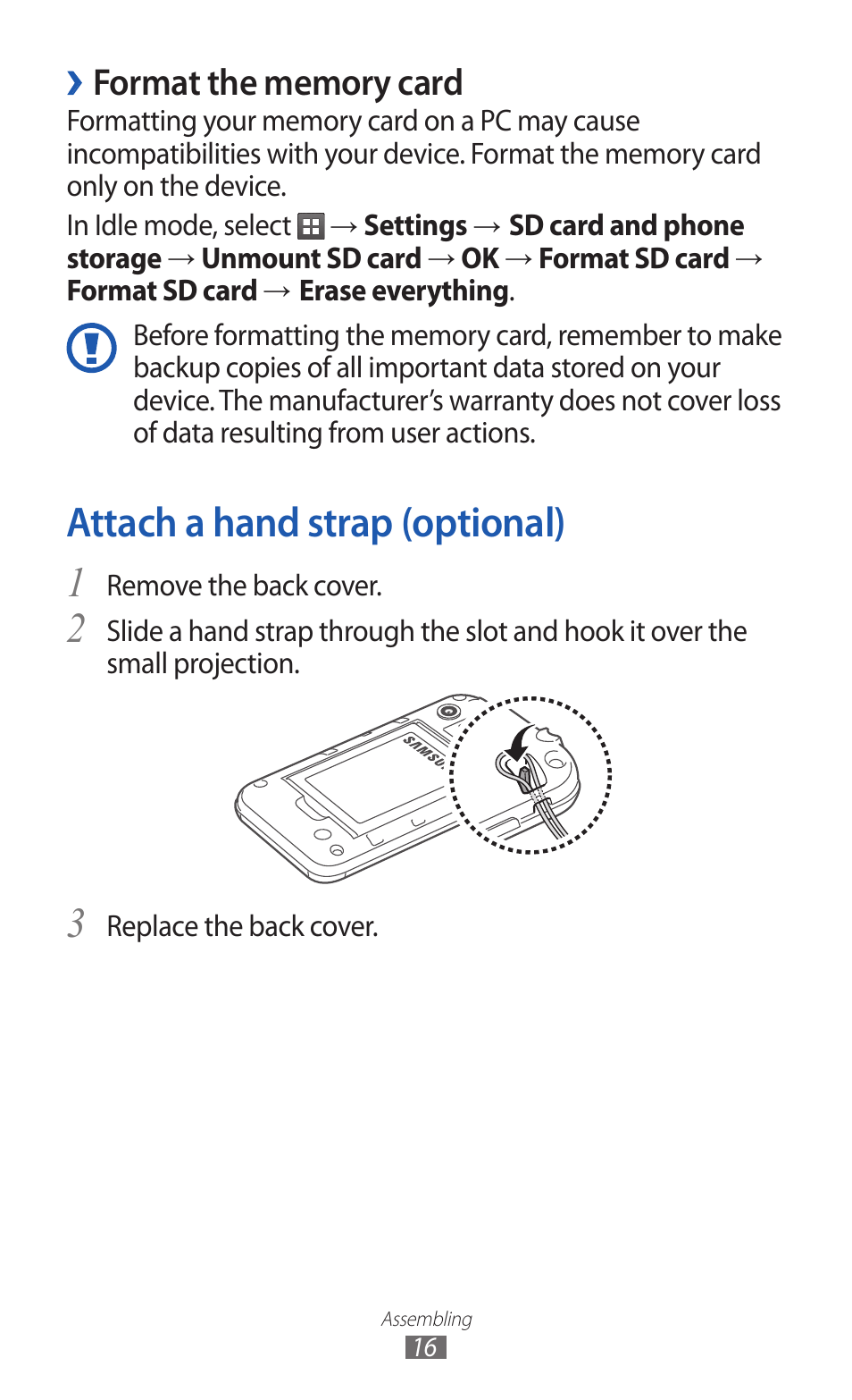 Attach a hand strap (optional) | Samsung GALAXY Y GT-S5360 User Manual | Page 16 / 133