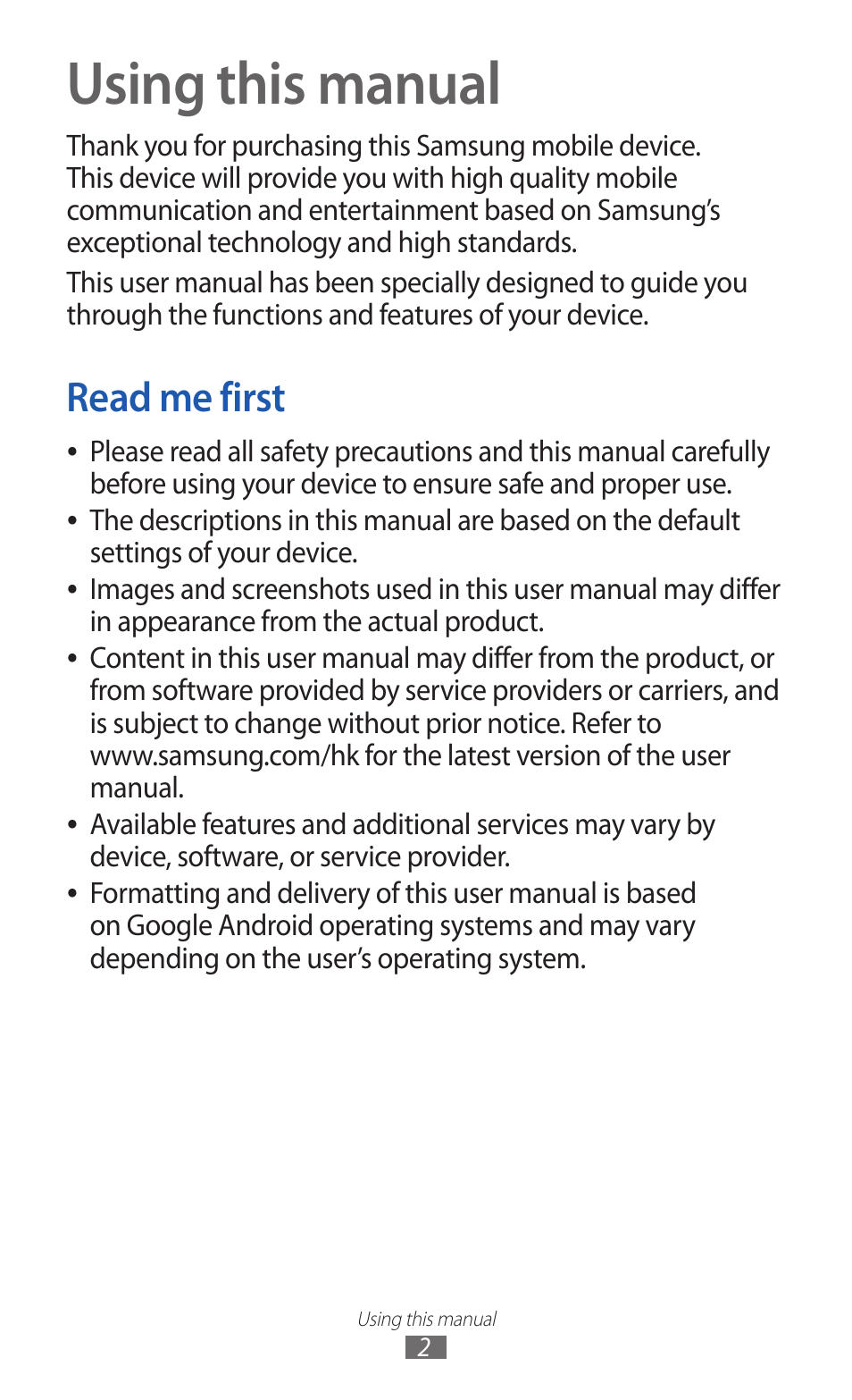 Using this manual, Read me first | Samsung GALAXY Y GT-S5360 User Manual | Page 2 / 133