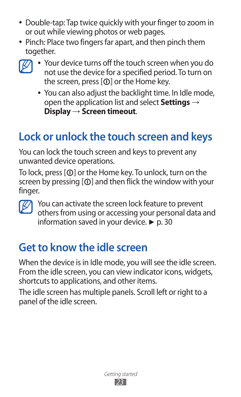 Lock or unlock the touch screen and keys, Get to know the idle screen | Samsung GALAXY Y GT-S5360 User Manual | Page 23 / 133