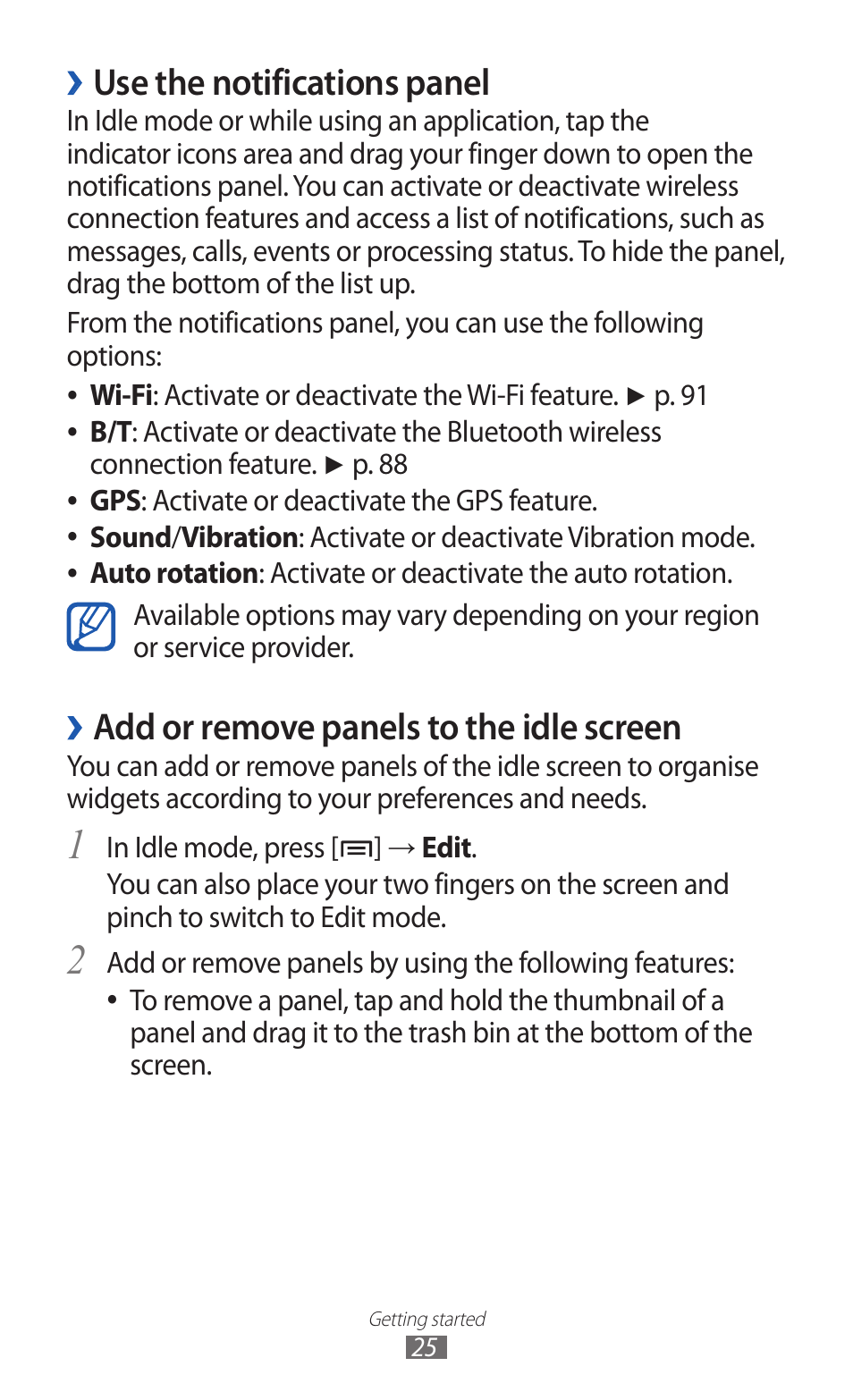 Use the notifications panel, Add or remove panels to the idle screen | Samsung GALAXY Y GT-S5360 User Manual | Page 25 / 133