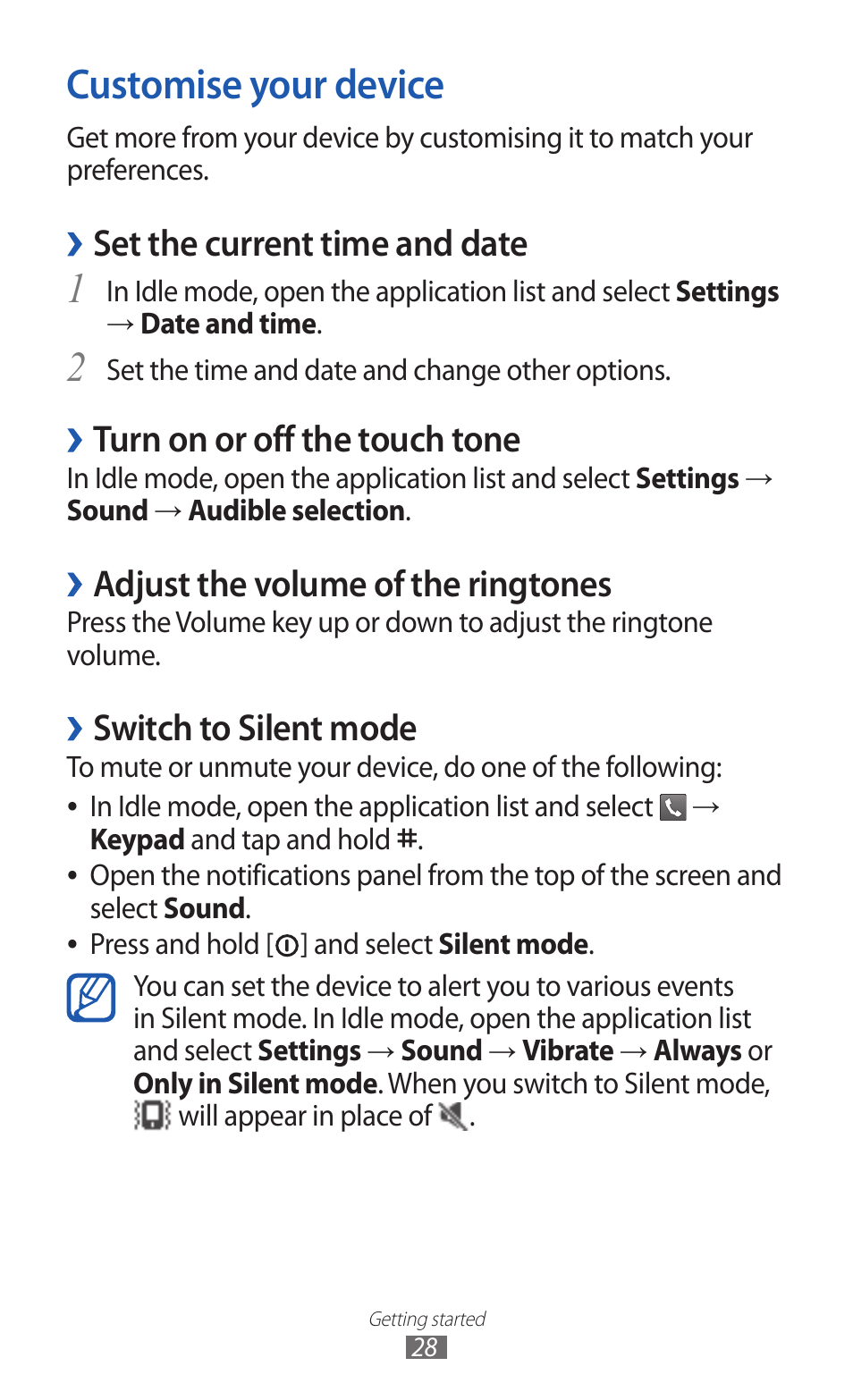 Customise your device, Set the current time and date, Turn on or off the touch tone | Adjust the volume of the ringtones, Switch to silent mode | Samsung GALAXY Y GT-S5360 User Manual | Page 28 / 133