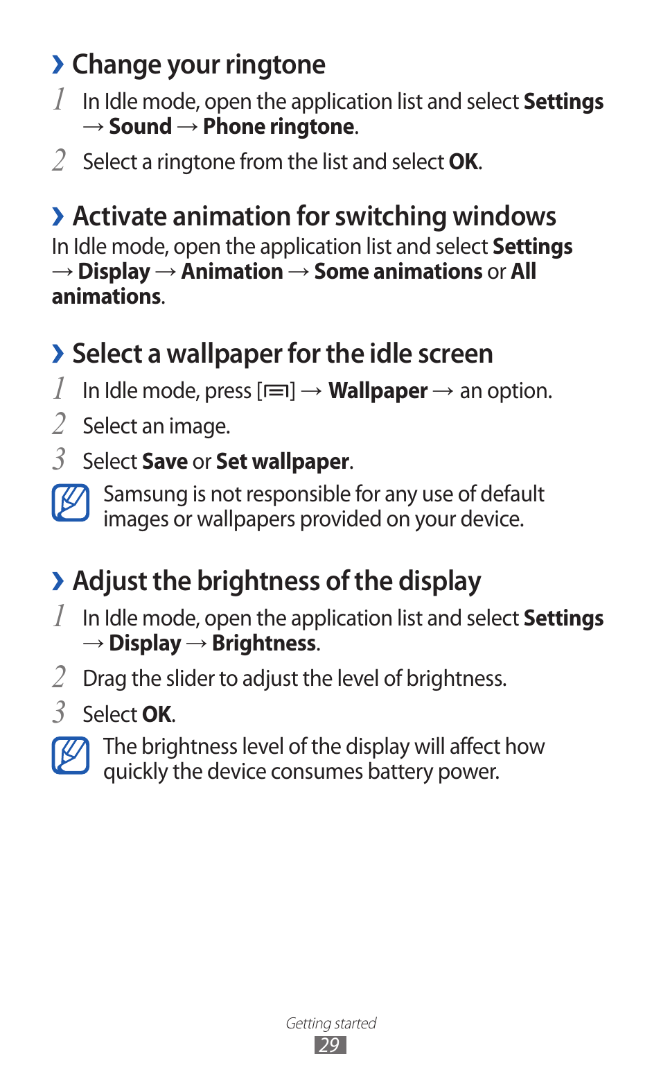 Change your ringtone, Activate animation for switching windows, Select a wallpaper for the idle screen | Adjust the brightness of the display | Samsung GALAXY Y GT-S5360 User Manual | Page 29 / 133