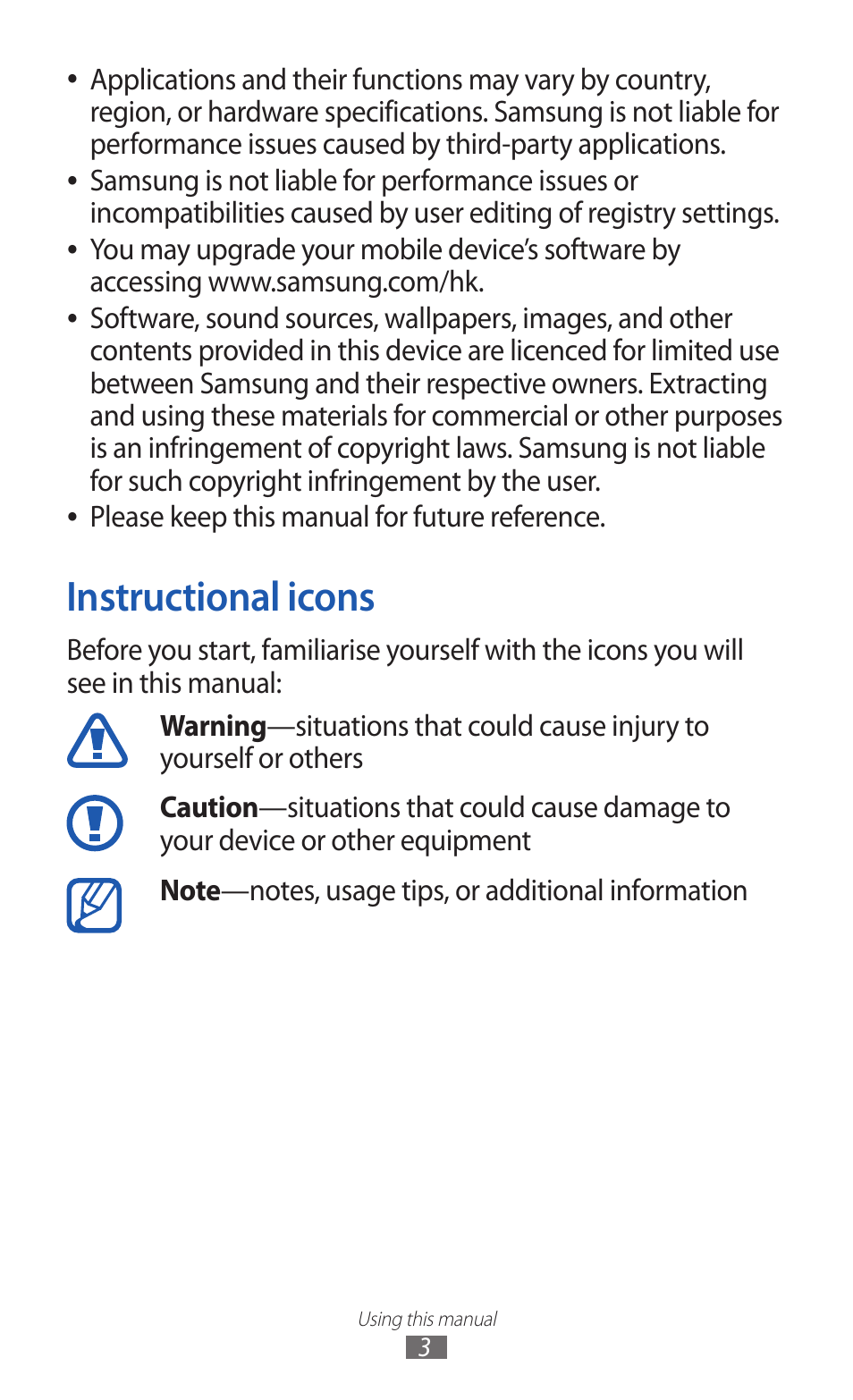 Instructional icons | Samsung GALAXY Y GT-S5360 User Manual | Page 3 / 133