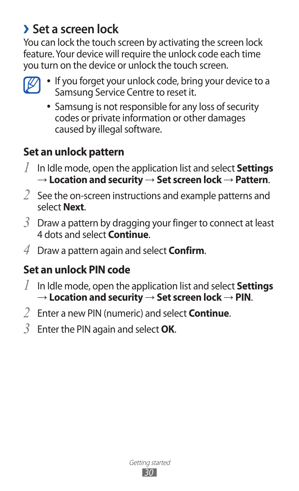 Set a screen lock | Samsung GALAXY Y GT-S5360 User Manual | Page 30 / 133