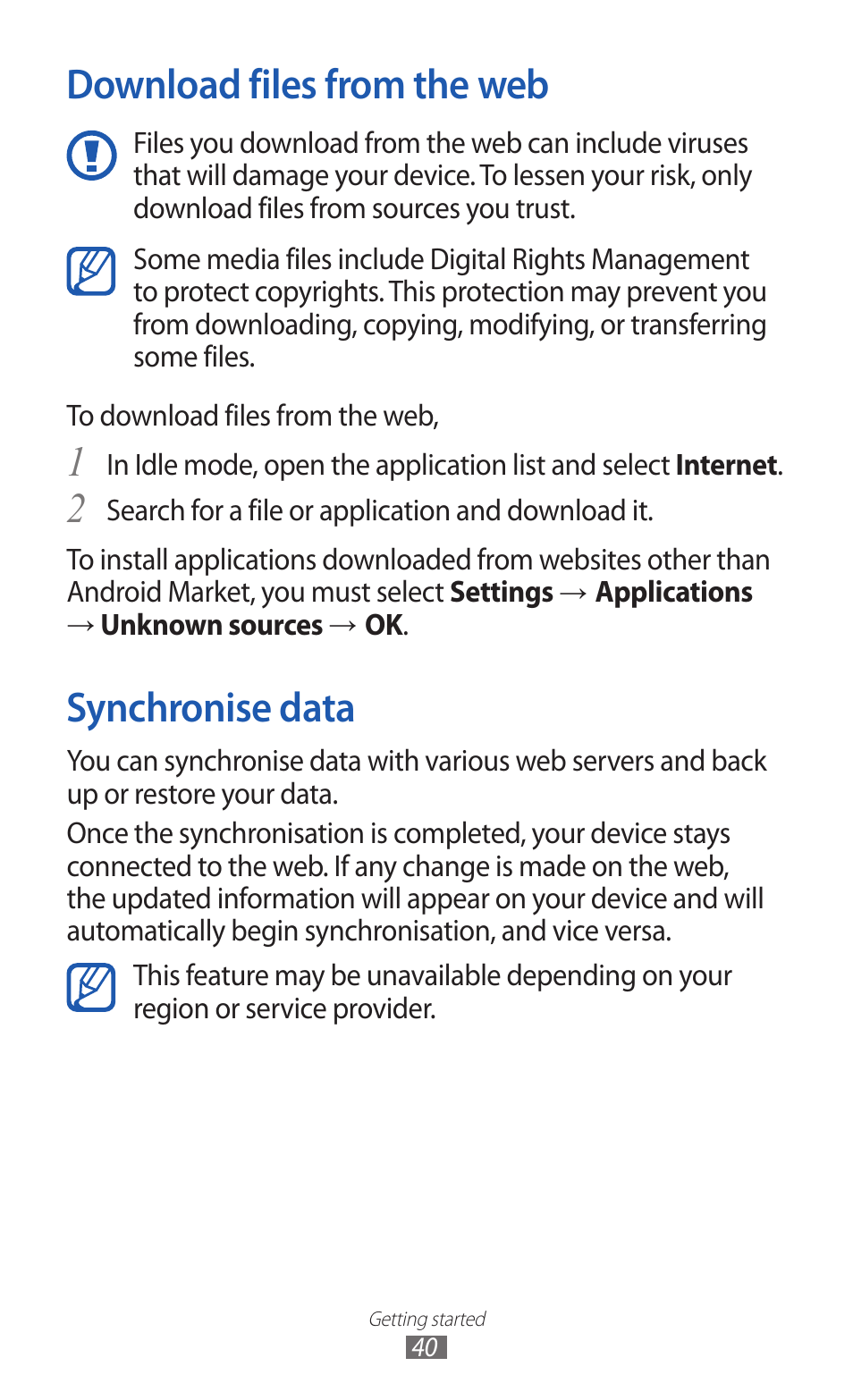 Download files from the web, Synchronise data, Download files from the web synchronise data | Samsung GALAXY Y GT-S5360 User Manual | Page 40 / 133