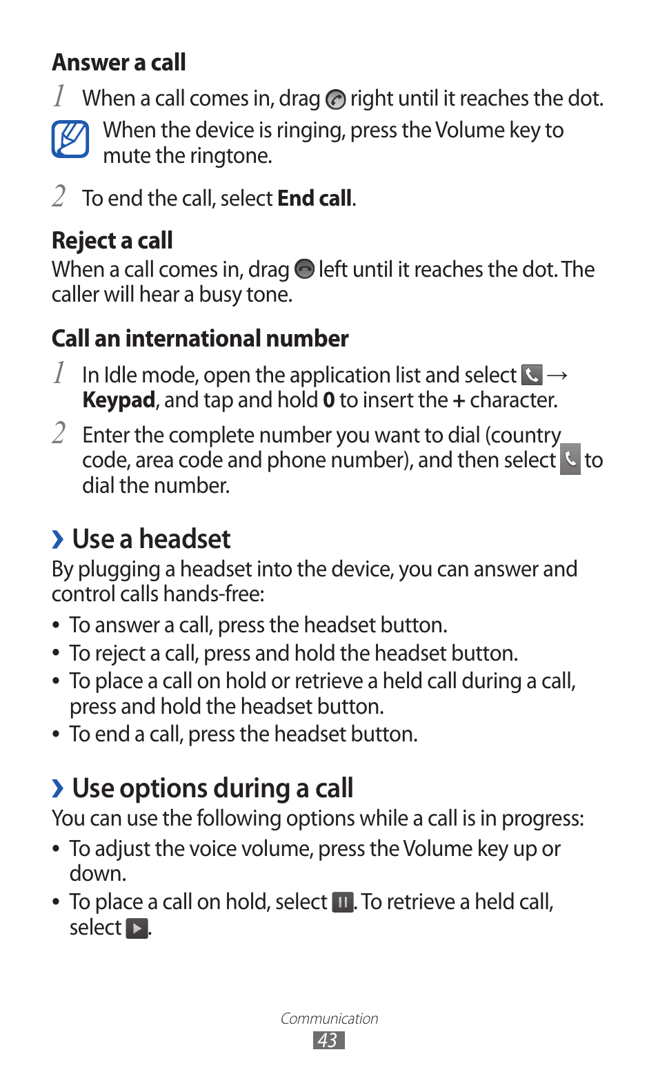Use a headset, Use options during a call | Samsung GALAXY Y GT-S5360 User Manual | Page 43 / 133