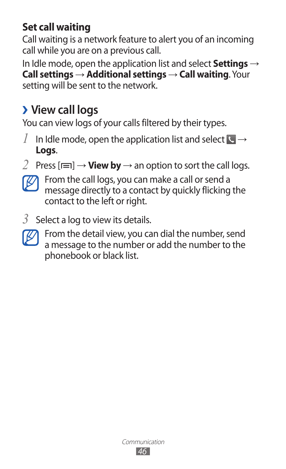 View call logs | Samsung GALAXY Y GT-S5360 User Manual | Page 46 / 133