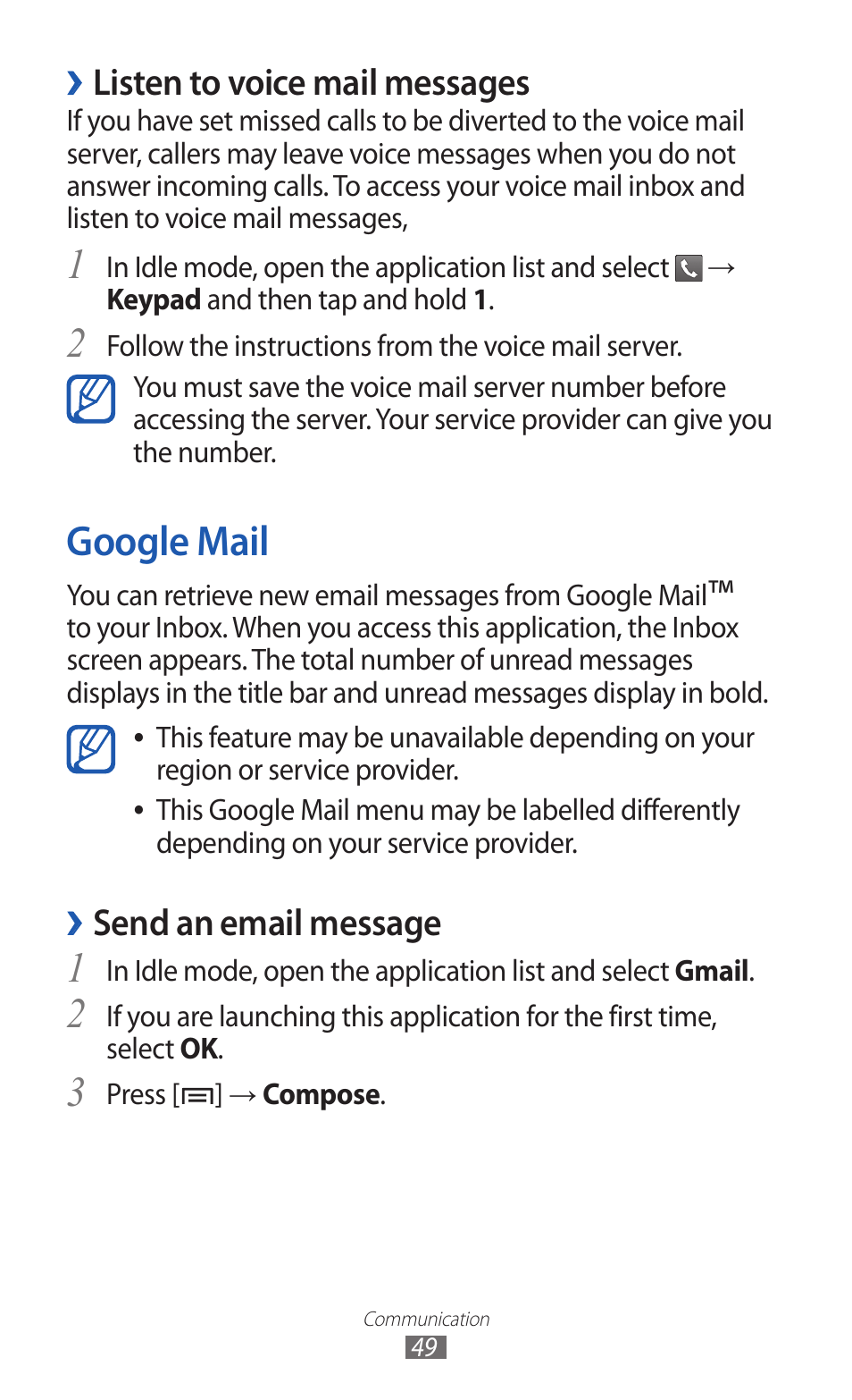 Google mail, Listen to voice mail messages, Send an email message | Samsung GALAXY Y GT-S5360 User Manual | Page 49 / 133