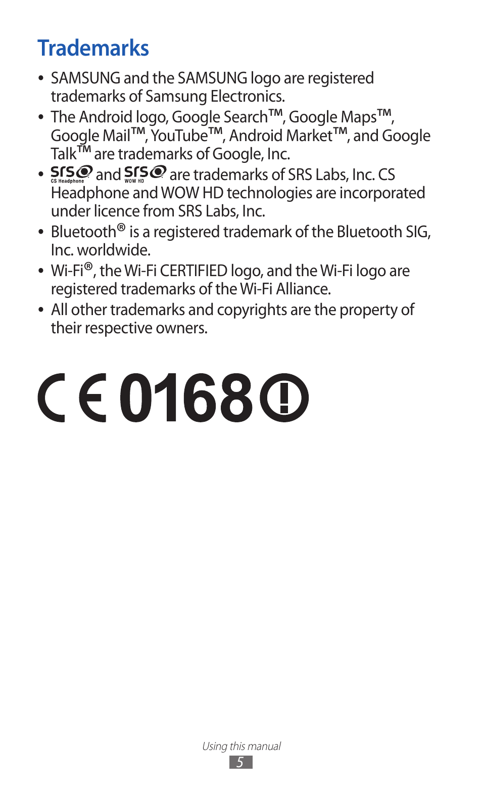 Trademarks | Samsung GALAXY Y GT-S5360 User Manual | Page 5 / 133