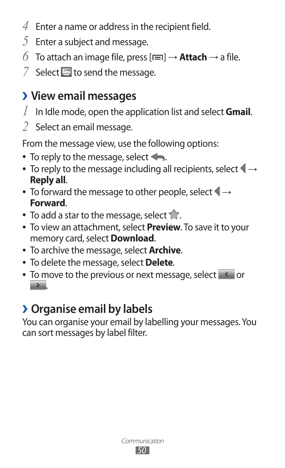 View email messages, Organise email by labels | Samsung GALAXY Y GT-S5360 User Manual | Page 50 / 133