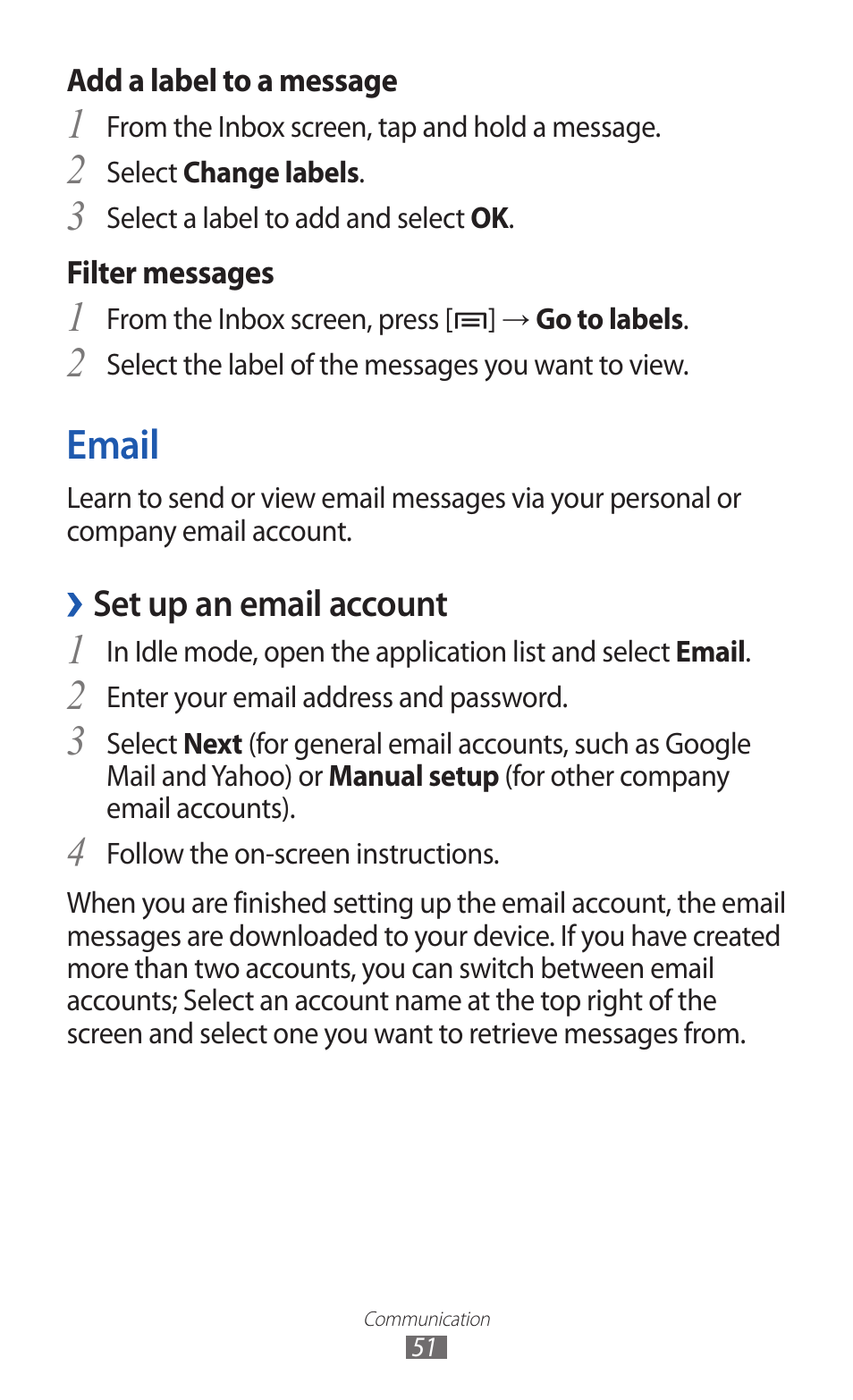 Email, 2email, Set up an email account | Samsung GALAXY Y GT-S5360 User Manual | Page 51 / 133