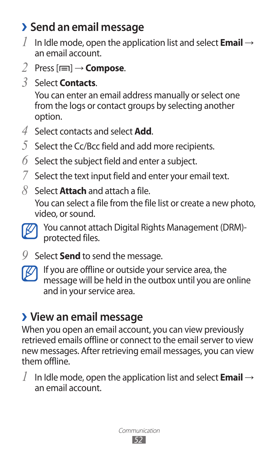 Send an email message, View an email message | Samsung GALAXY Y GT-S5360 User Manual | Page 52 / 133