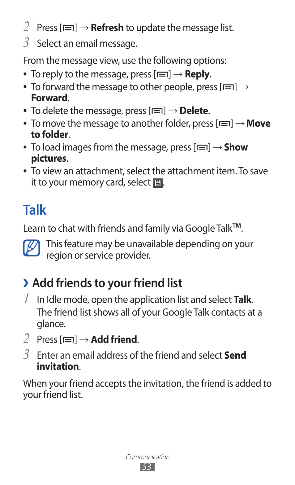 Talk, Add friends to your friend list | Samsung GALAXY Y GT-S5360 User Manual | Page 53 / 133