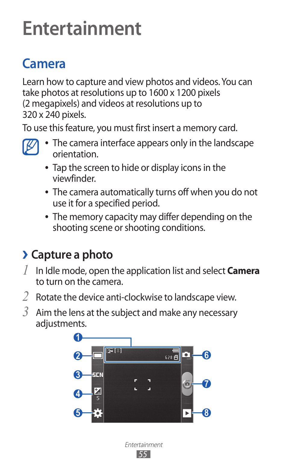 Entertainment, Camera, Capture a photo | Samsung GALAXY Y GT-S5360 User Manual | Page 55 / 133