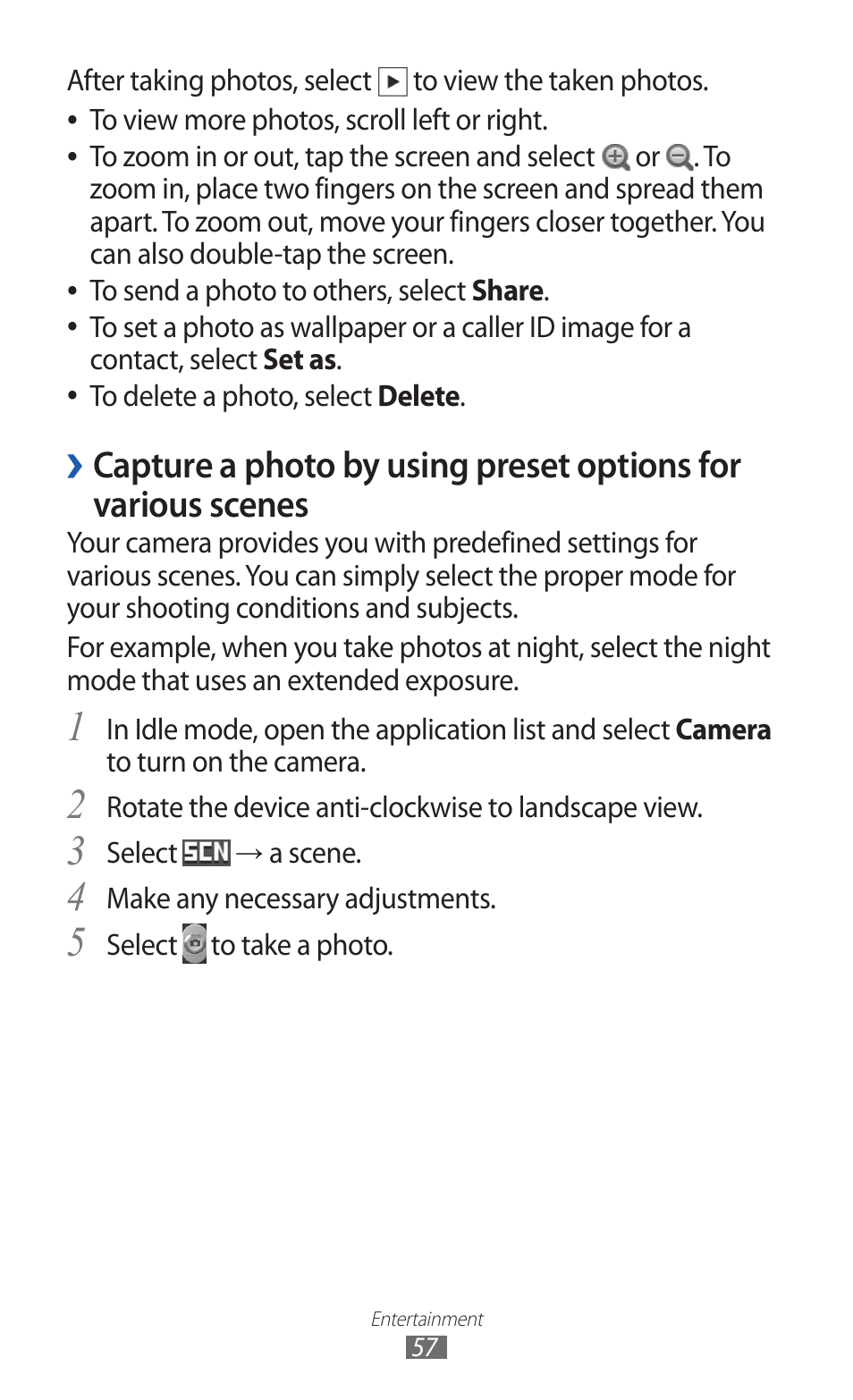 Capture a photo by using preset options for, Various scenes | Samsung GALAXY Y GT-S5360 User Manual | Page 57 / 133