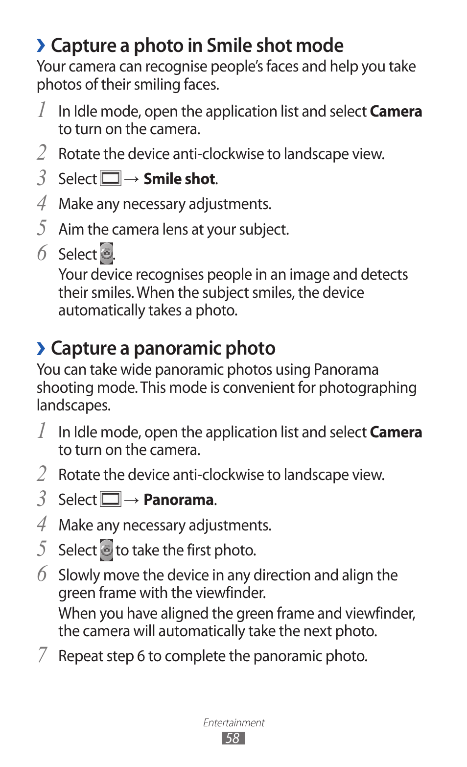 Capture a photo in smile shot mode, Capture a panoramic photo | Samsung GALAXY Y GT-S5360 User Manual | Page 58 / 133