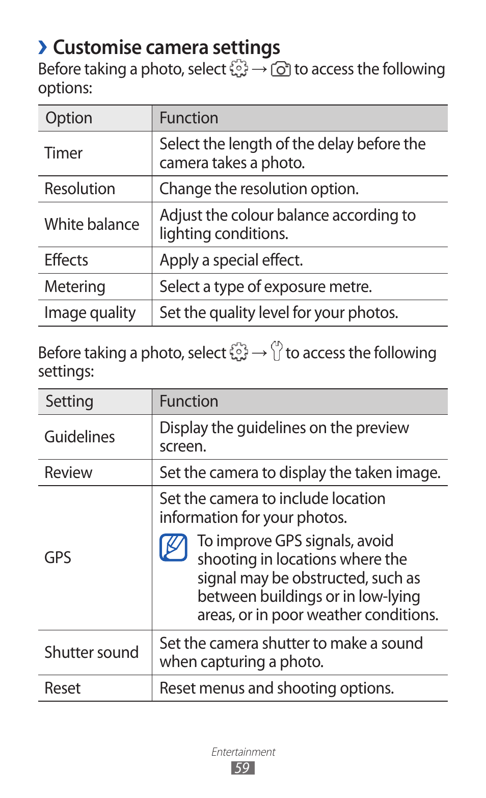 Customise camera settings | Samsung GALAXY Y GT-S5360 User Manual | Page 59 / 133