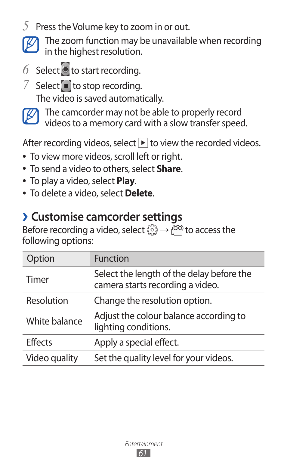 Customise camcorder settings | Samsung GALAXY Y GT-S5360 User Manual | Page 61 / 133