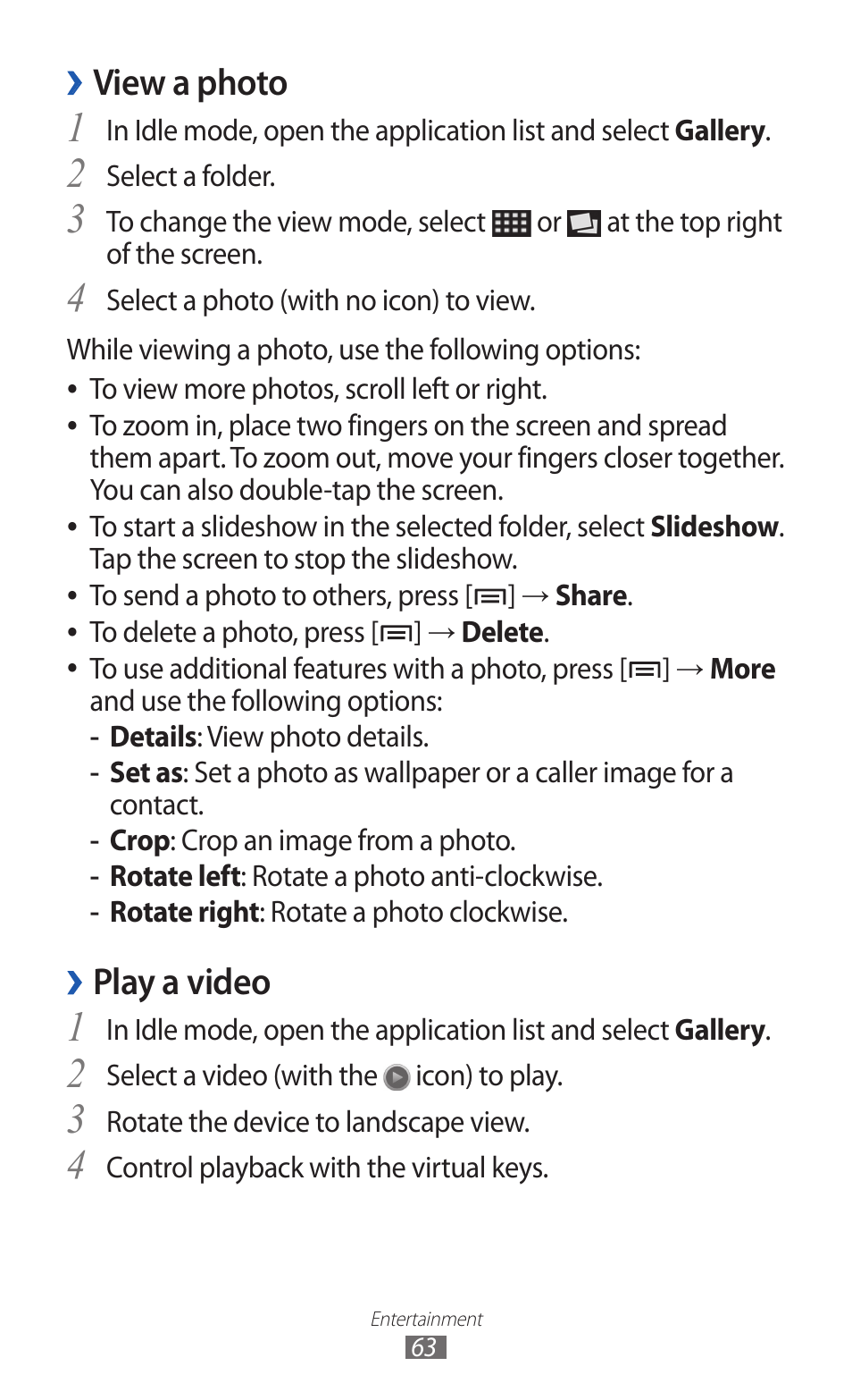 View a photo, Play a video | Samsung GALAXY Y GT-S5360 User Manual | Page 63 / 133