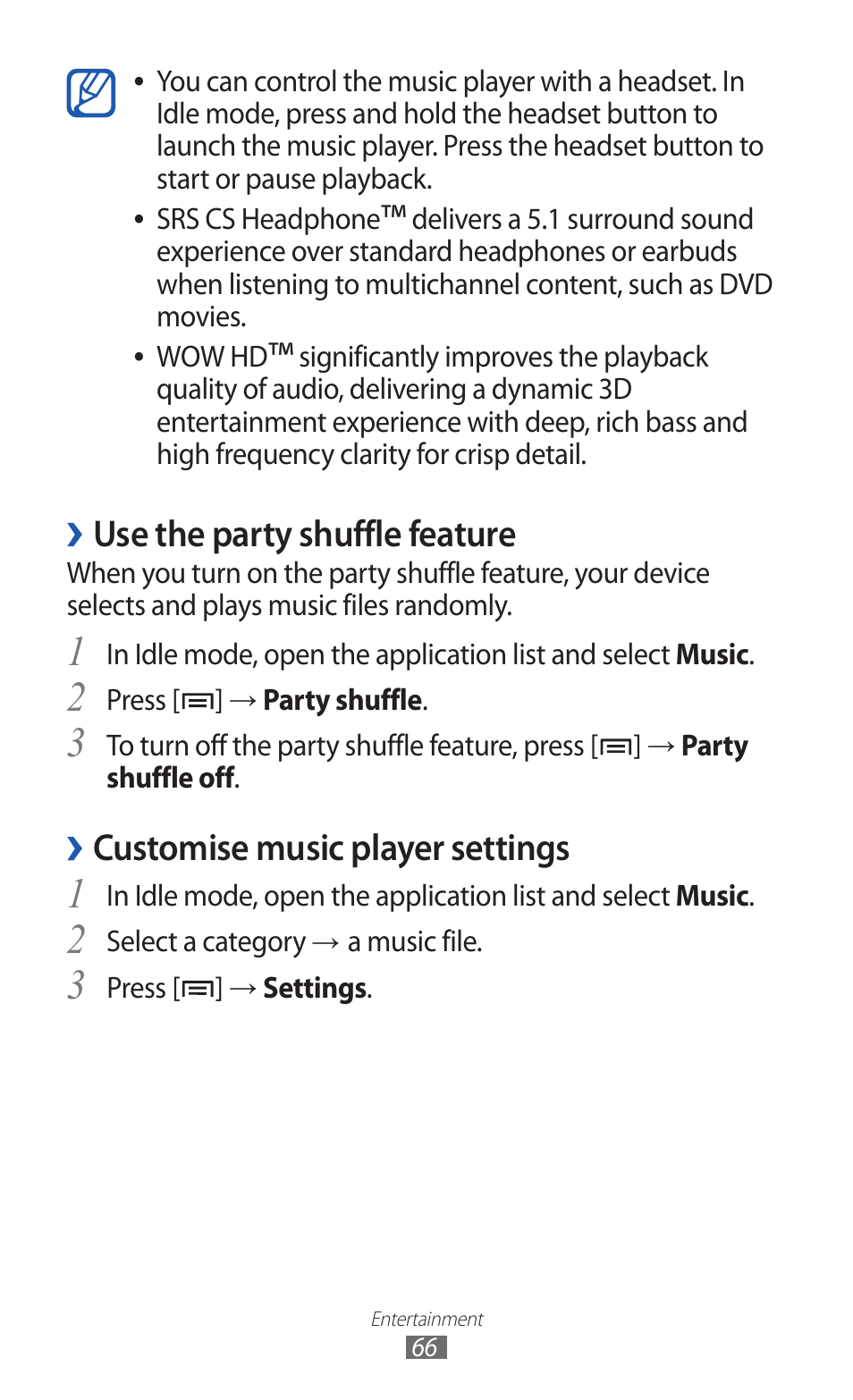 Use the party shuffle feature, Customise music player settings | Samsung GALAXY Y GT-S5360 User Manual | Page 66 / 133