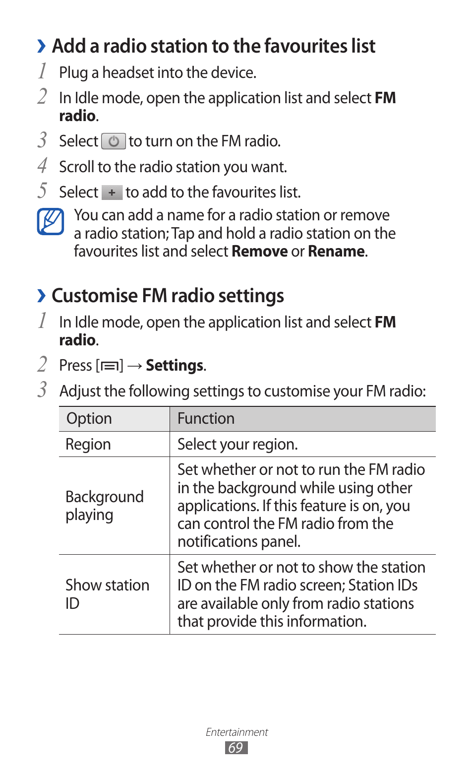 Add a radio station to the favourites list, Customise fm radio settings | Samsung GALAXY Y GT-S5360 User Manual | Page 69 / 133