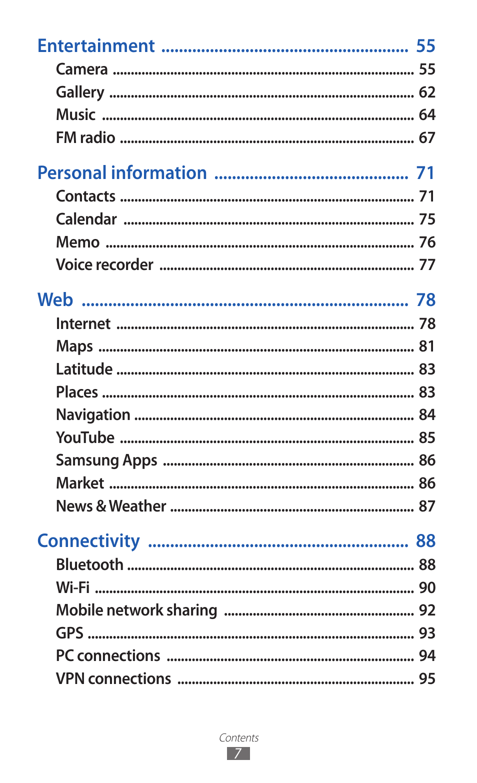 Entertainment, Personal information, Connectivity | Samsung GALAXY Y GT-S5360 User Manual | Page 7 / 133