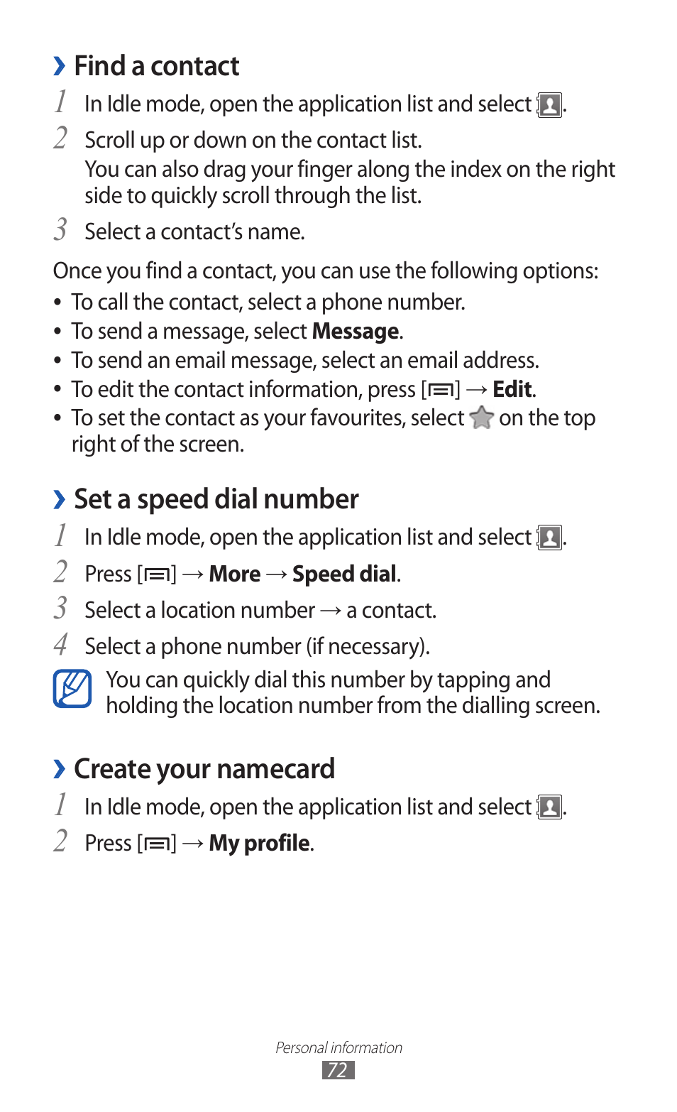 Find a contact, Set a speed dial number, Create your namecard | Samsung GALAXY Y GT-S5360 User Manual | Page 72 / 133
