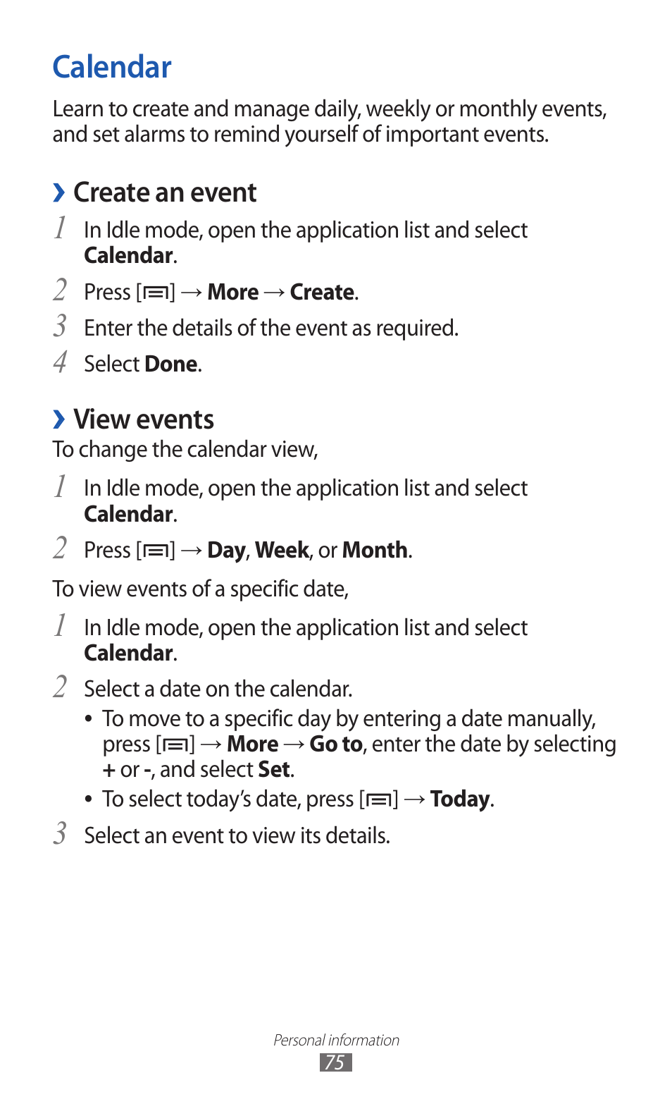 Calendar, Create an event, View events | Samsung GALAXY Y GT-S5360 User Manual | Page 75 / 133