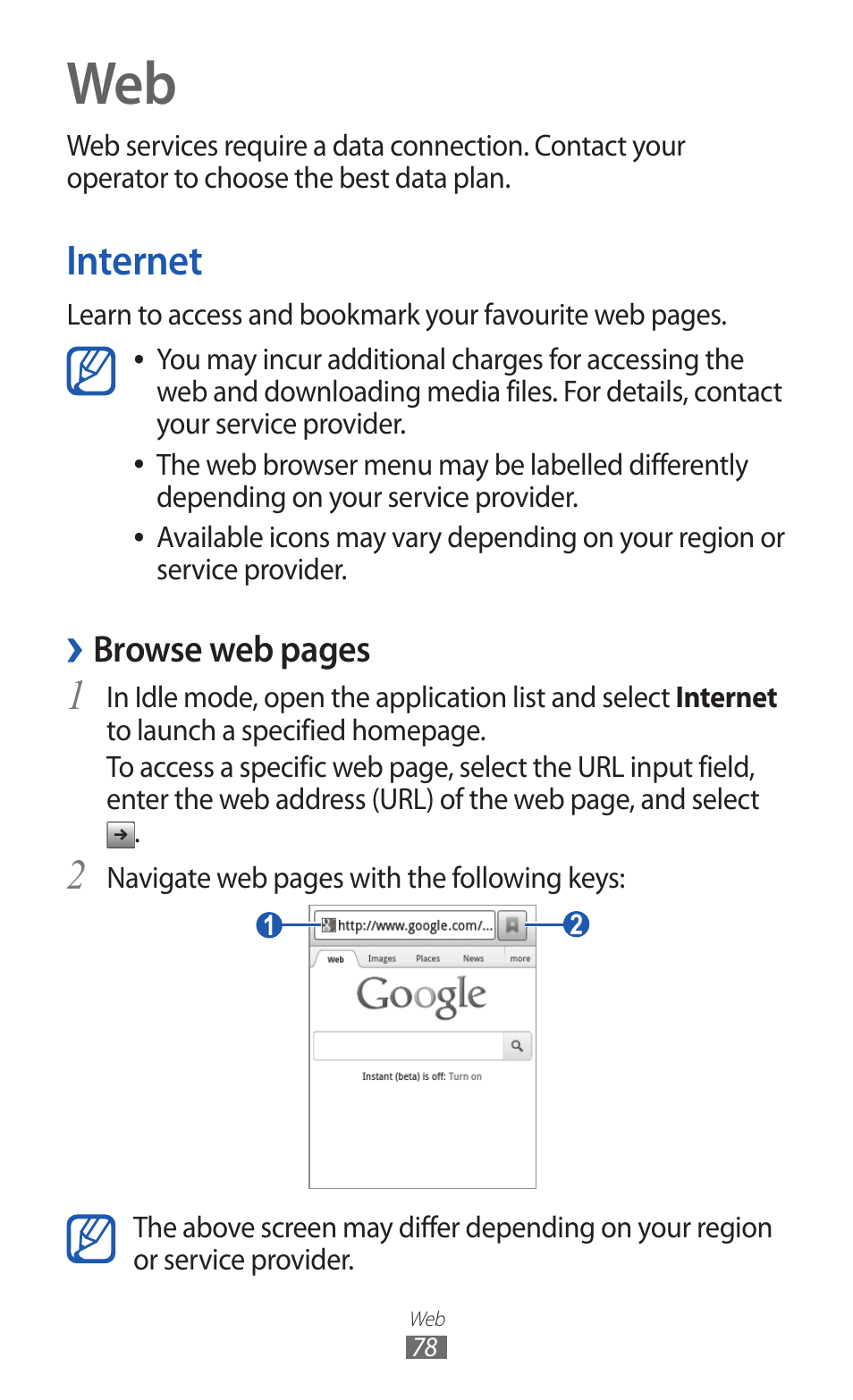 Internet, Browse web pages | Samsung GALAXY Y GT-S5360 User Manual | Page 78 / 133