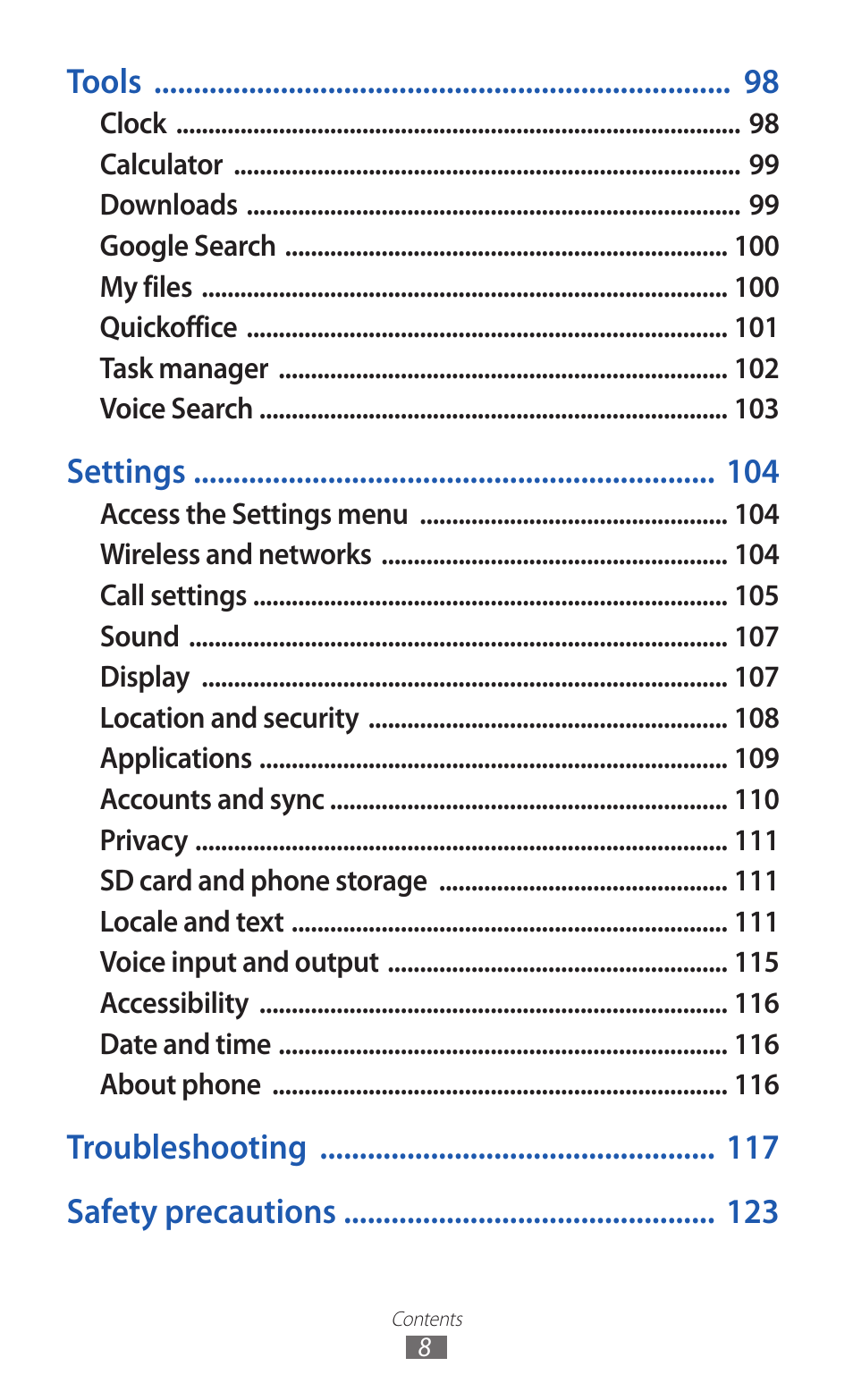 Tools, Settings, Troubleshooting safety precautions | Samsung GALAXY Y GT-S5360 User Manual | Page 8 / 133