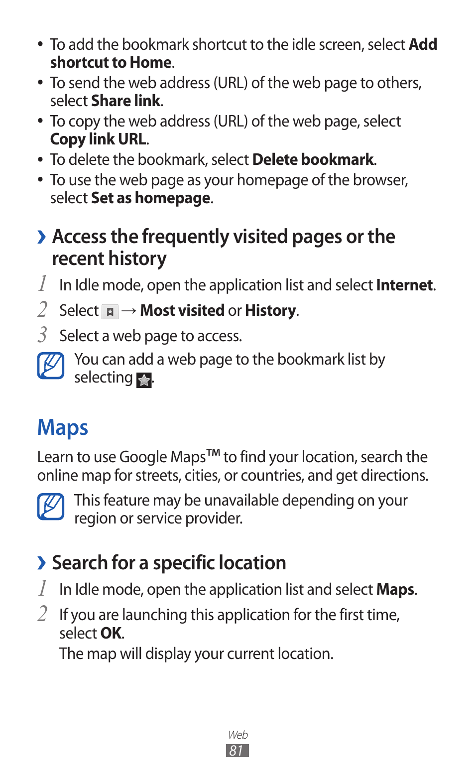 Maps, Access the frequently visited pages or the, Recent history | Search for a specific location | Samsung GALAXY Y GT-S5360 User Manual | Page 81 / 133