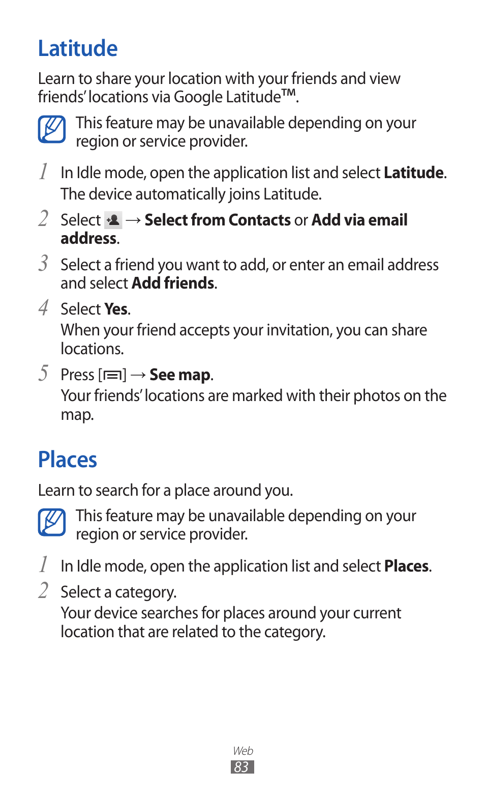 Latitude, Places, Latitude places | Samsung GALAXY Y GT-S5360 User Manual | Page 83 / 133