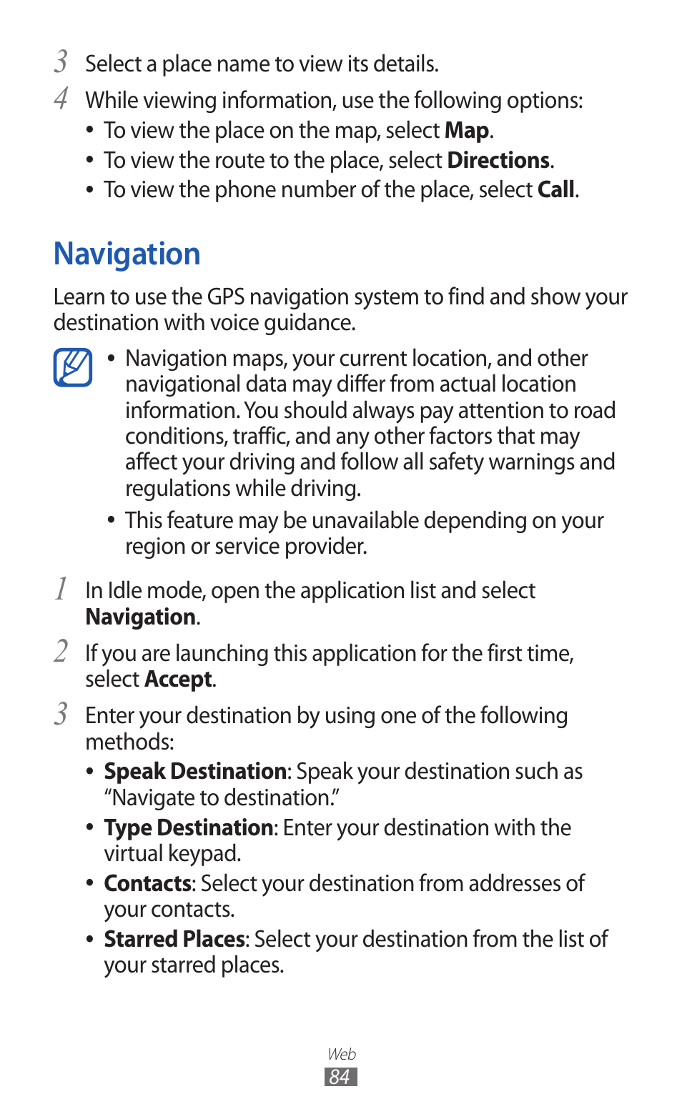 Navigation | Samsung GALAXY Y GT-S5360 User Manual | Page 84 / 133