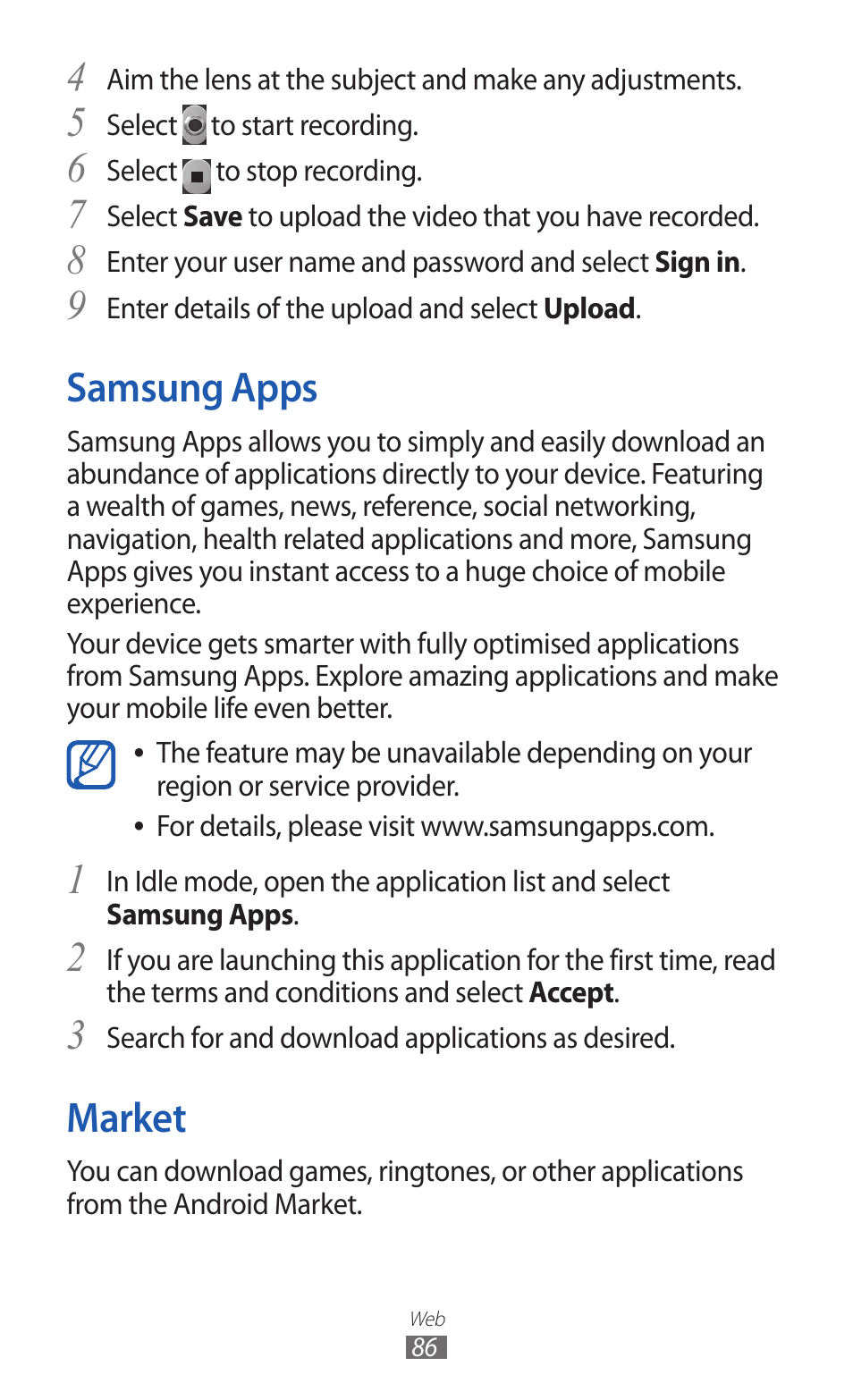 Samsung apps, Market, Samsung apps market | 3market | Samsung GALAXY Y GT-S5360 User Manual | Page 86 / 133