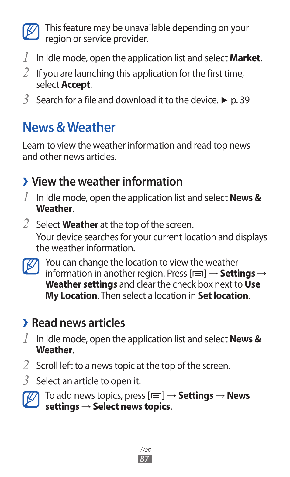 News & weather, View the weather information, Read news articles | Samsung GALAXY Y GT-S5360 User Manual | Page 87 / 133