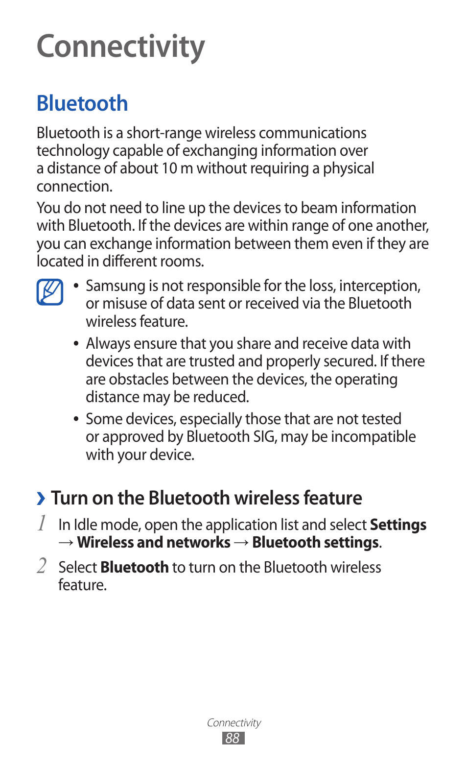 Connectivity, Bluetooth, Turn on the bluetooth wireless feature | Samsung GALAXY Y GT-S5360 User Manual | Page 88 / 133