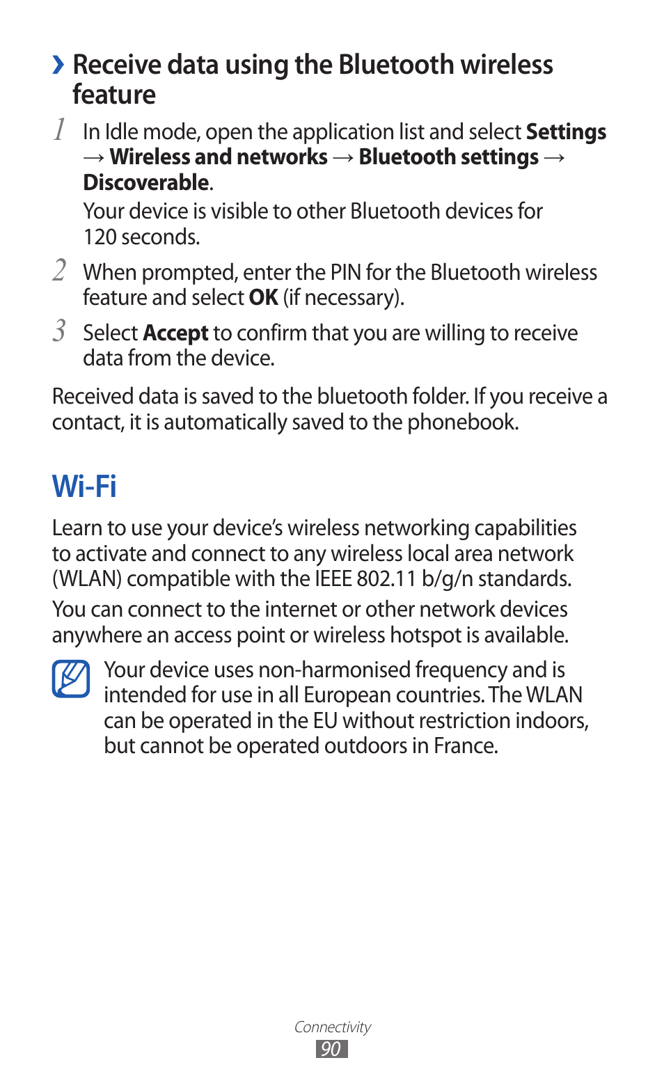 Wi-fi, Receive data using the bluetooth wireless feature | Samsung GALAXY Y GT-S5360 User Manual | Page 90 / 133