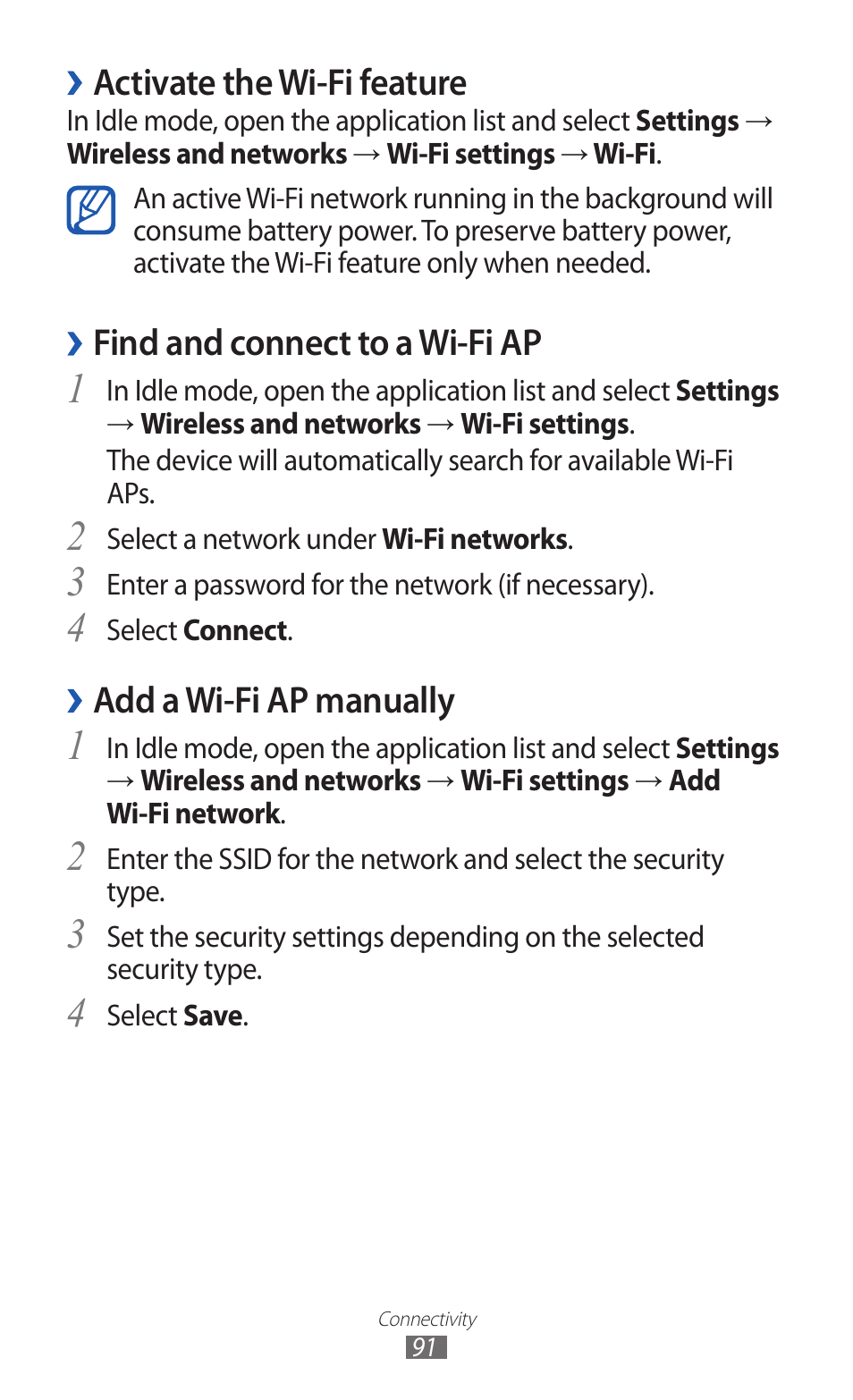 Activate the wi-fi feature, Find and connect to a wi-fi ap, Add a wi-fi ap manually | Samsung GALAXY Y GT-S5360 User Manual | Page 91 / 133