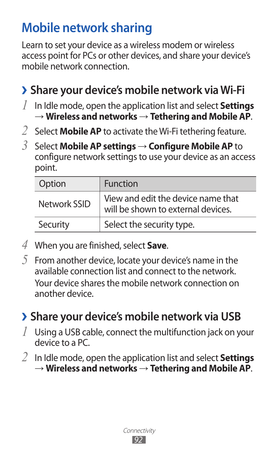 Mobile network sharing, Share your device’s mobile network via wi-fi, Share your device’s mobile network via usb | Samsung GALAXY Y GT-S5360 User Manual | Page 92 / 133