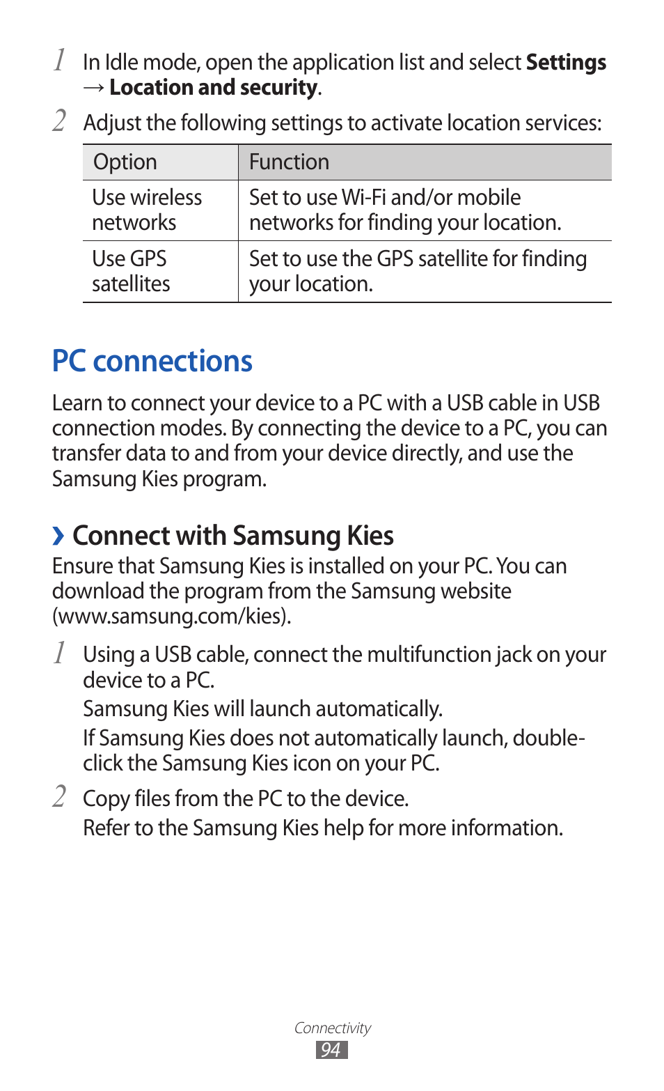 Pc connections, Connect with samsung kies | Samsung GALAXY Y GT-S5360 User Manual | Page 94 / 133