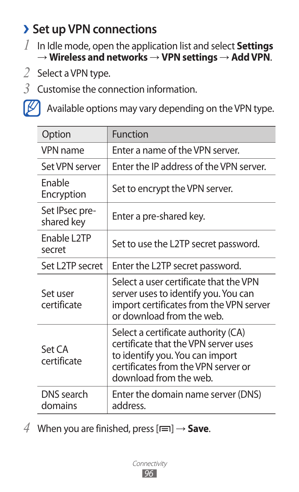 Set up vpn connections | Samsung GALAXY Y GT-S5360 User Manual | Page 96 / 133