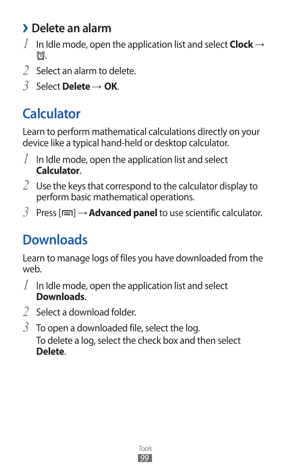 Calculator, Downloads, Calculator downloads | Delete an alarm | Samsung GALAXY Y GT-S5360 User Manual | Page 99 / 133