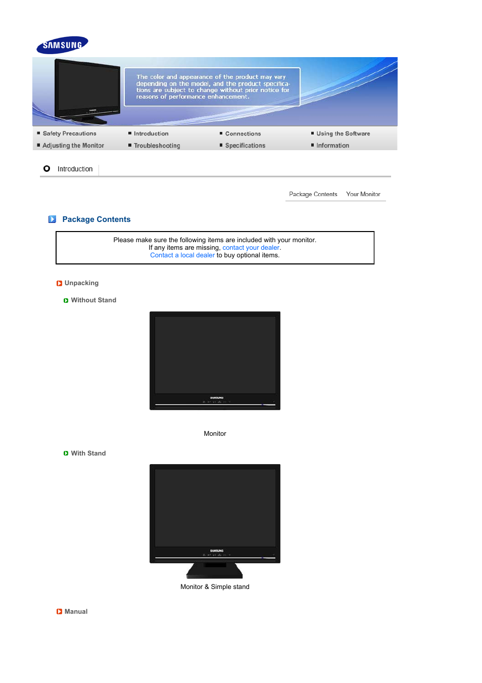 Introduction, Package contents | Samsung SyncMaster 225MS User Manual | Page 13 / 59