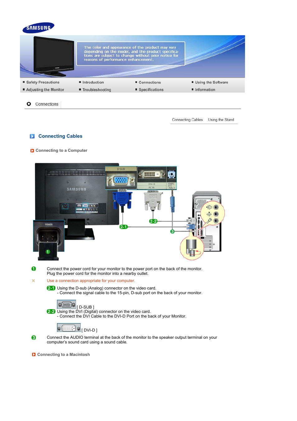 Connections, Connecting cables | Samsung SyncMaster 225MS User Manual | Page 19 / 59