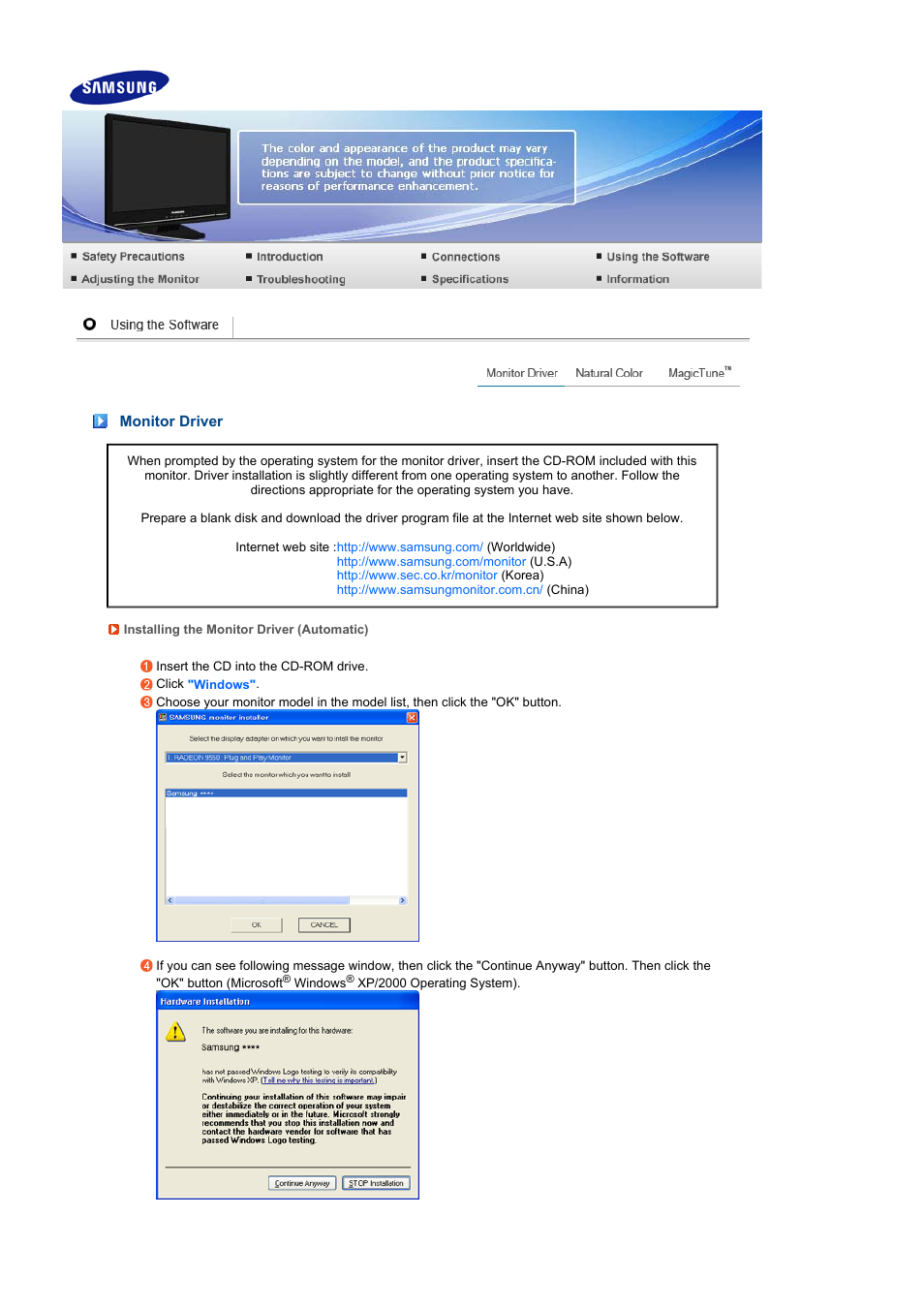 Using the software, Monitor driver | Samsung SyncMaster 225MS User Manual | Page 24 / 59