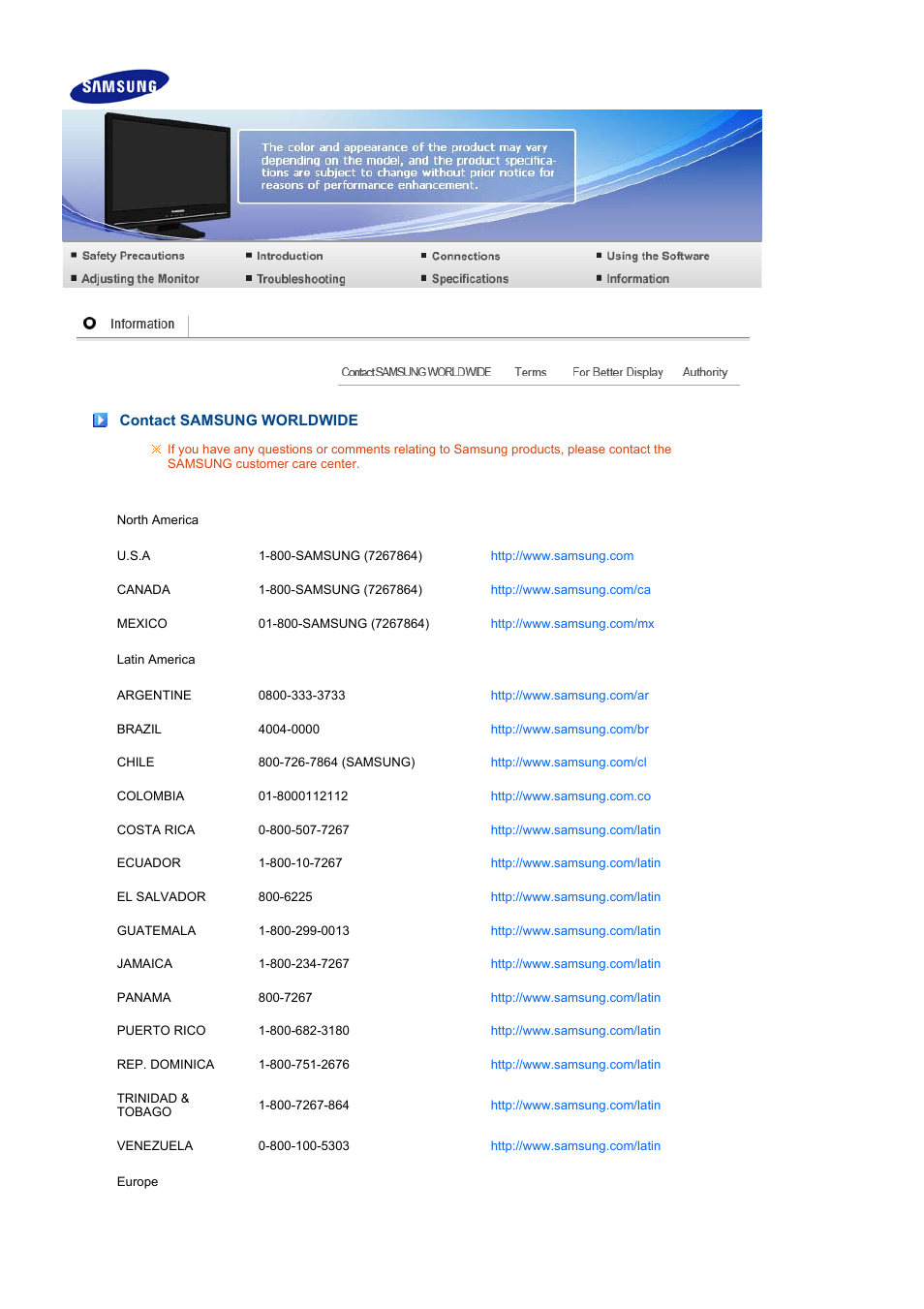 Information, Contact samsung worldwide | Samsung SyncMaster 225MS User Manual | Page 55 / 59