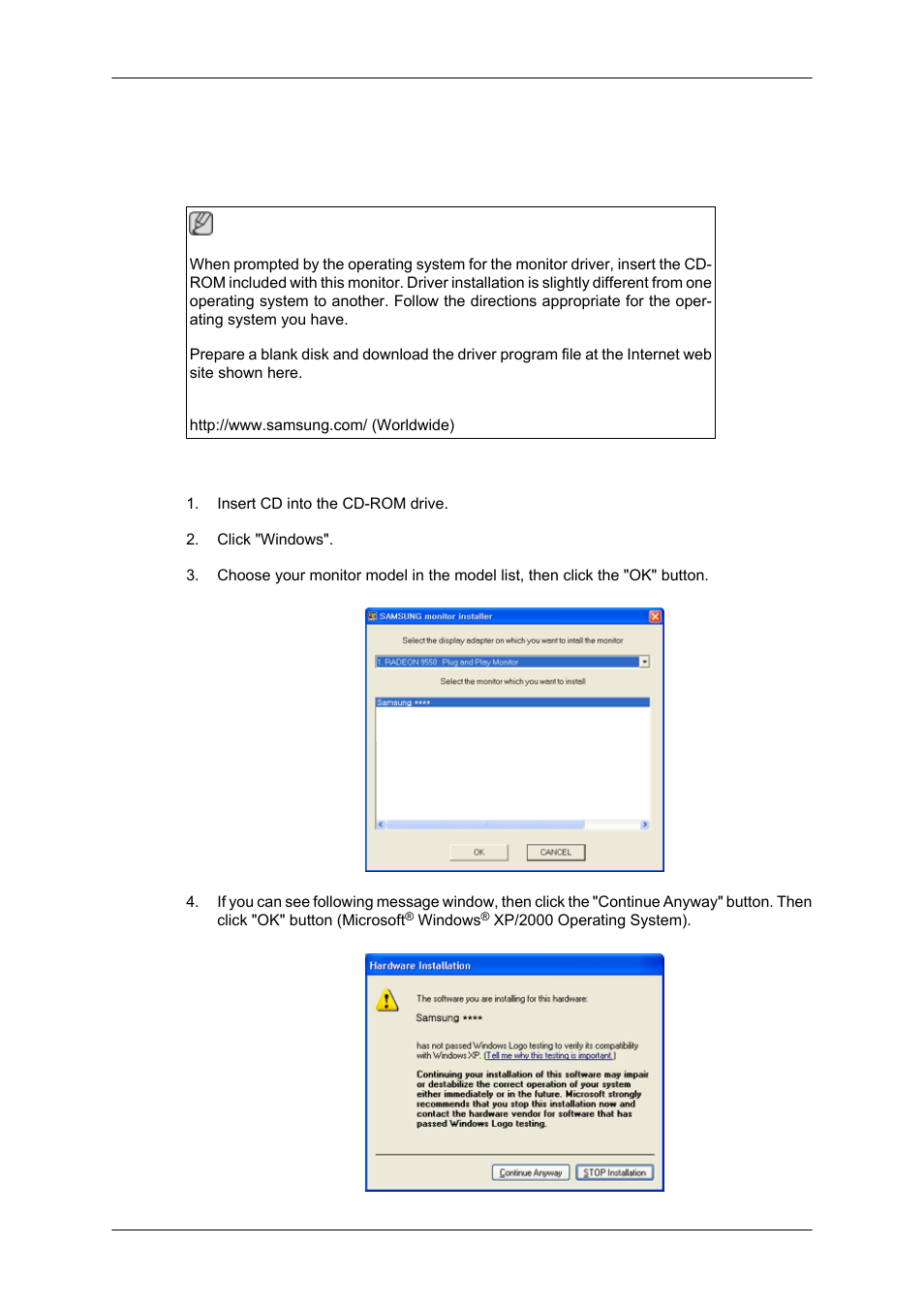 Using the software, Monitor driver, Installing the monitor driver (automatic) | Samsung 2343NW User Manual | Page 20 / 75